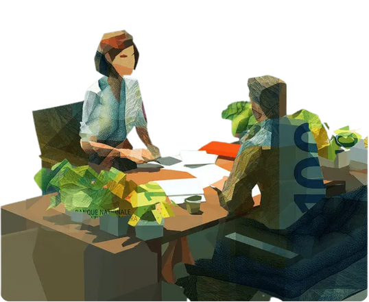 Low-poly illustration of a consultation between two people at a desk