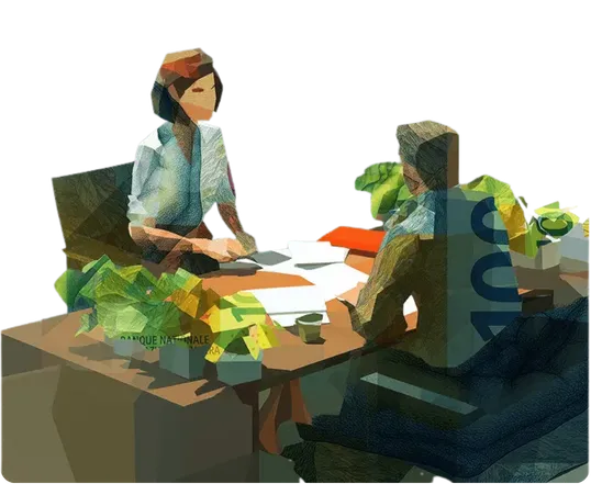 Low-Poly-Illustration eines Beratungsgesprächs zwischen zwei Personen am Schreibtisch