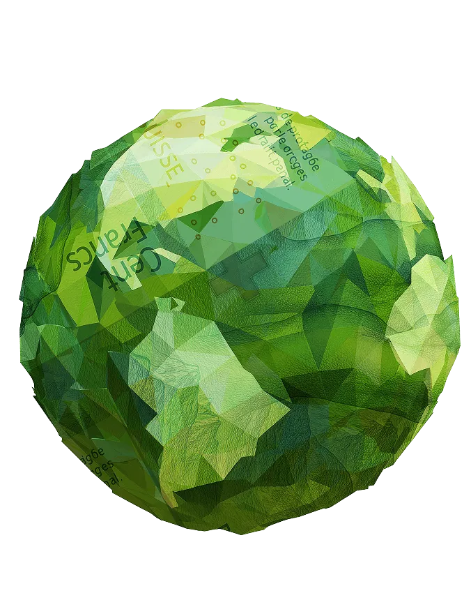 Low-poly globe wrapped in Swiss banknotes