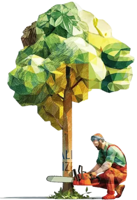 Low-Poly-Forstarbeiter beim Ernten eines Kiri-Baums